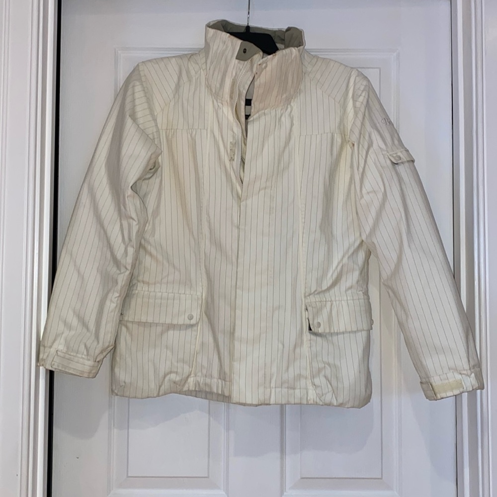 Ski jacket, bonfire, women’s medium cream, colored pinstriped green